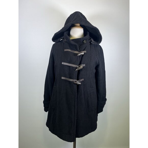 Earth Music & Ecology Duffle Wool Blend Toggle Button Peacoat Coat Black Small - Picture 1 of 9